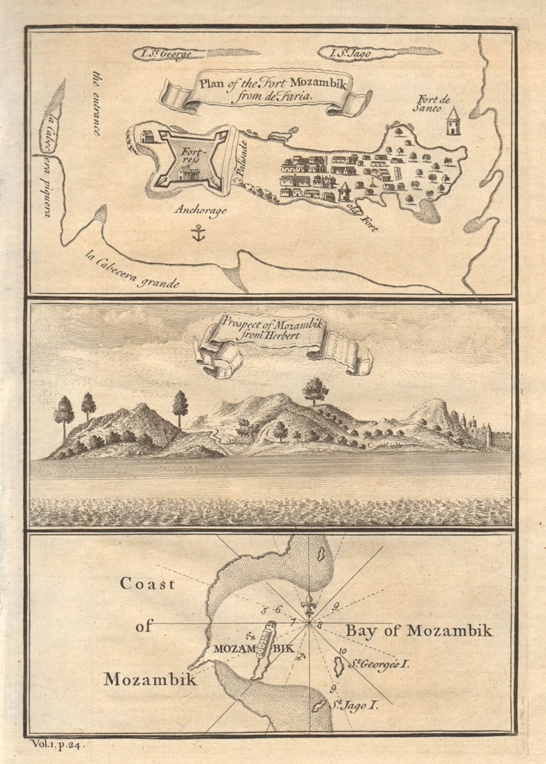 Plan & prospect of Mozambik. Mozambique Island. Sao Sebastiao. CHILD 1745 map: TITLE/CONTENT OF MAP: 'Plan of the Fort of Mozambik from de Faria // prospect of Mozambik from Herbert // Bay of Mozambik' DATE PRINTED: 1745 IMAGE SIZE: Approx 23.0 x 16.5cm, 9 x 6.5 inches (Medium)
