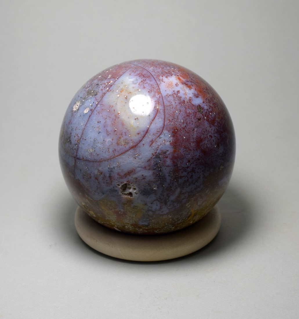 6.6 cm Polished Ocean Jasper sphere: Title: 6.6 cm Polished Ocean Jasper sphere Origin: Madagascar Size: 6.6 cm diameter Description: Species: Jasper (Ocean Jasper) Locality: Madagascar Diameter: 6.6 cm Weight: 0.39 kg Fine polished ocea