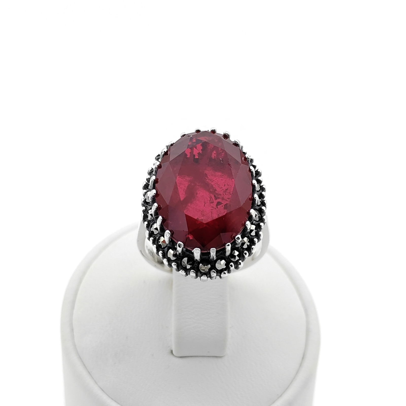 925 Silver Ladies Ring With Red Zircon and Marcasite (1 of 8)