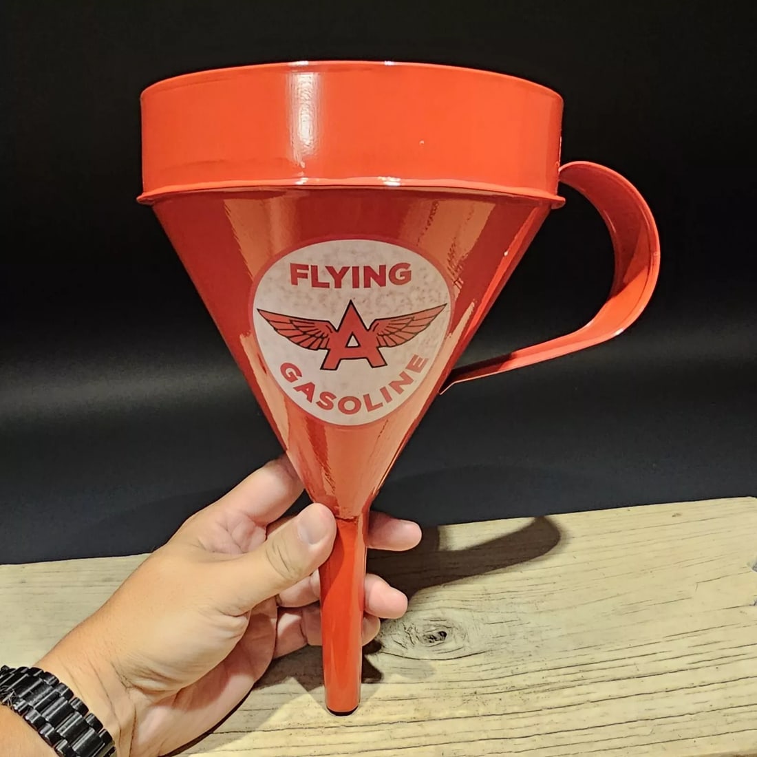 Metal Flying A Gas Oil Filling Cone Funnel: 11.5 L x 7.5 W x 7.5 H Such a neat reproduction all metal funnel with handle. All our items come with a 100% customer satisfaction guarantee. About the Items: Each item is inspected before shipping an