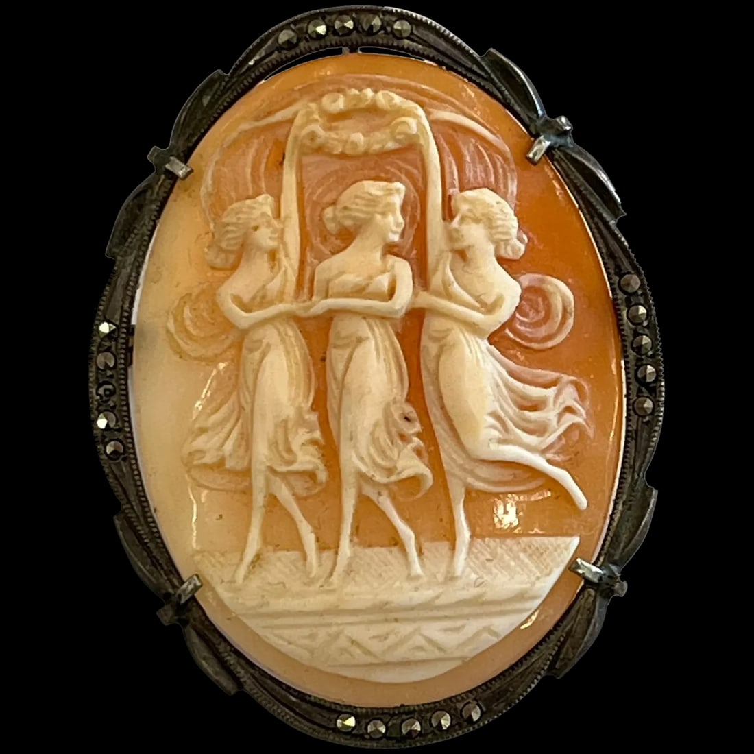 Large Vintage Silver, Shell, and Marcasite Three Dancing Ladies Pendant/ Brooch (1 of 7)