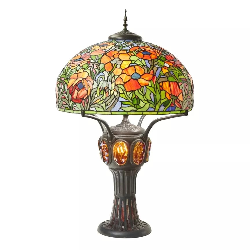 36"H Poppies Turtleback Mosaic Lighted Base Stained Glass Table Lamp (1 of 13)