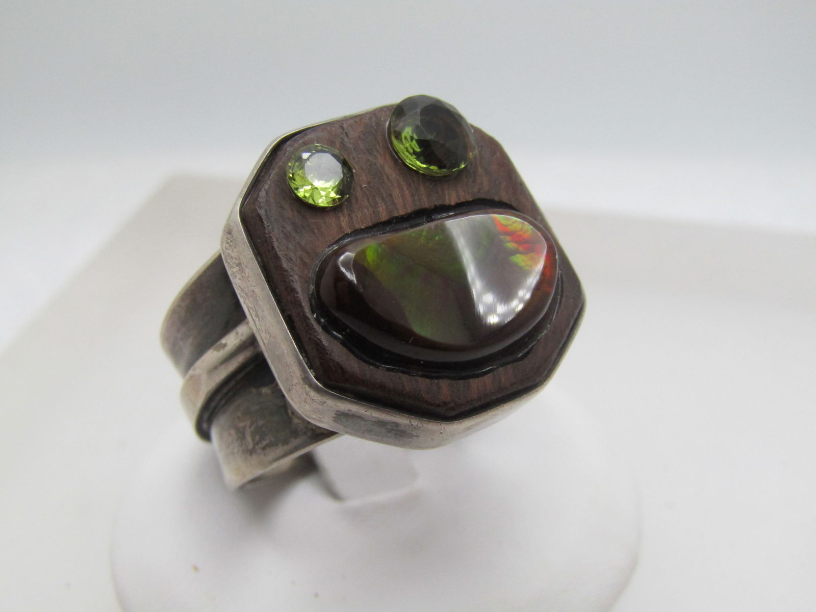 Vintage Sterling Wood Ring, Black Opal, Green Stones, Sz. 11, Hand-Made, 1960's-1970's, (1 of 8)