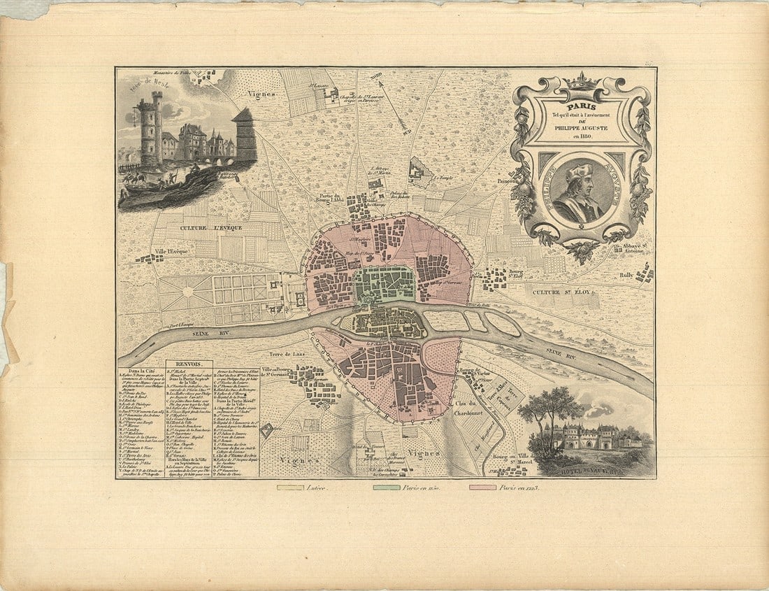 A. Vuillemin - Paris as it was at the accession of Philippe Auguste - 1869 Lithograph 10.5" x 13.75": Paris as it was at the accession of Philippe Auguste by A. Vuillemin, 1869 Unsigned Lithograph. Paper size is 10.5 x 13.75 inches, with an image size of 7 x 8.75 inches. The Lithograph is from an unkn