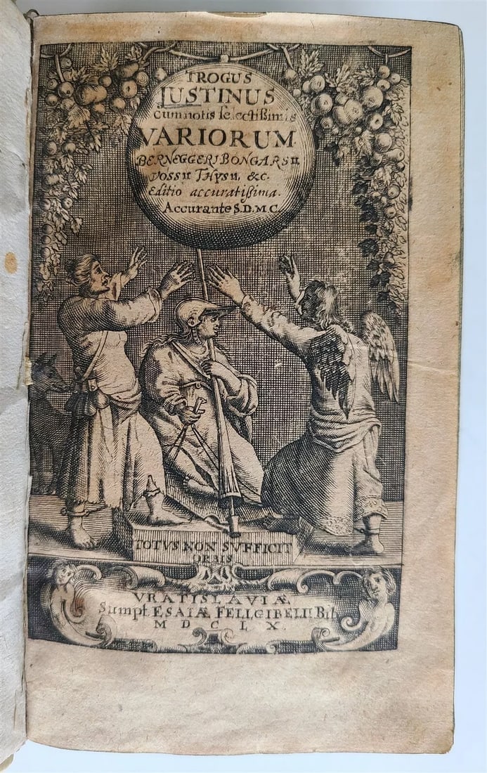 1660 HISTORY by TROGUS antique VELLUM BOUND in LATIN: TrogusJustinus cum notis selectissimis variorum Berneggeri Bongarsii, Vossii, Thysii, etc.Editio accuratissimaVratislaviae, Sumpt. Estatae Fellgiebelii; 1660.Size 4 by 6.5"Engraved title. 1 leaf, 848 