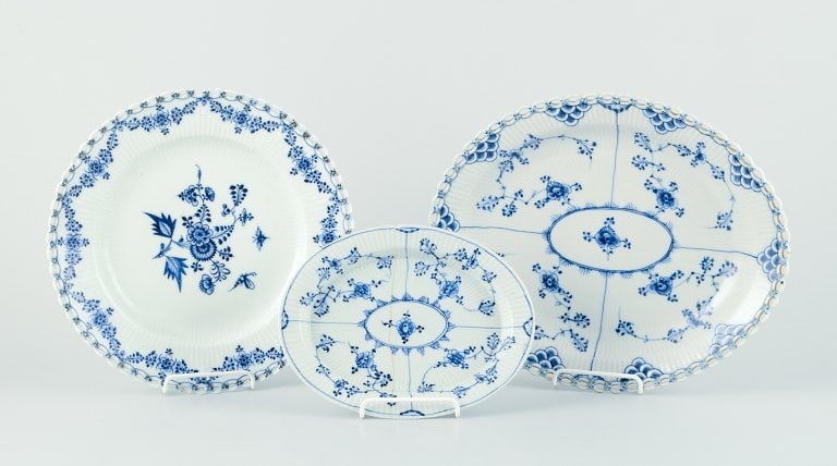 Royal Copenhagen. Three antique and very early Blue Fluted Plain and Blue Fluted Full Lace plate and (1 of 1)