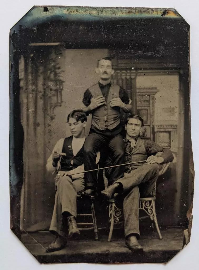 ca. 1870 s BIZARRE VINTAGE TINTYPE PHOTO, THREE MEN in UNUSUAL POSE w STICK ?: ca. 1870 s BIZARRE VINTAGE TINTYPE PHOTO, THREE MEN in UNUSUAL POSE w STICK ?ca. 1870 s BIZARRE VINTAGE TINTYPE PHOTO, THREE MEN in UNUSUAL POSE w STICK ?DescriptionCirca 1870s Bizarre Vintage Tintype