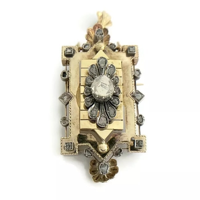 Antique Victorian Rectangle Diamond Pendant Brooch Pin 18K Yellow Gold, 16.25 Gr (1 of 1)