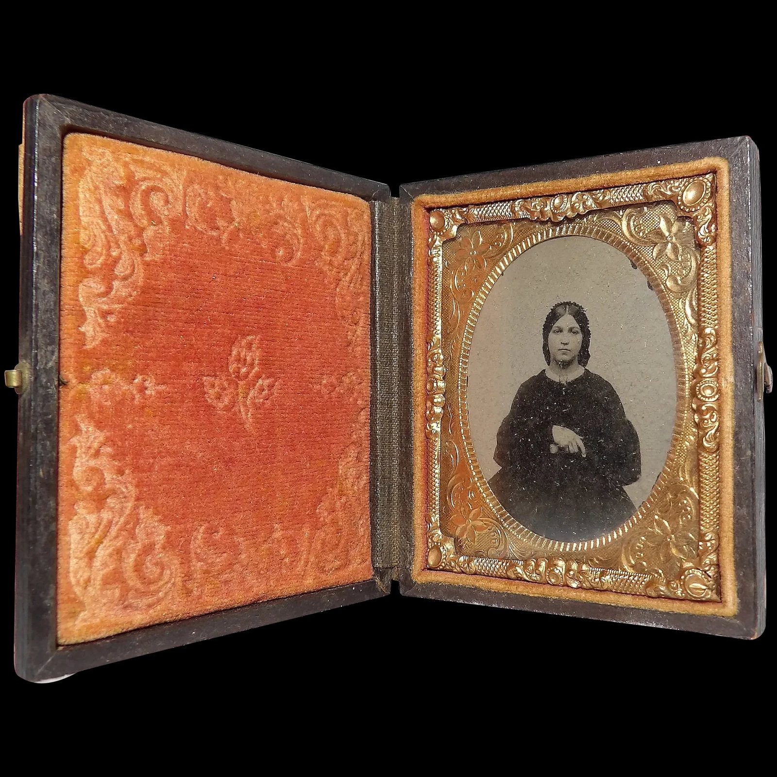 Antique Tin Type with Hand Tooled Leather Case & Gold Tint Metal Frame (1 of 10)