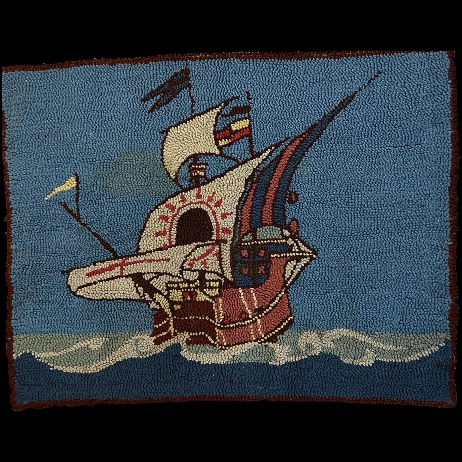Vintage 1940s Hand made Hook Rug Nautical Ship (1 of 10)