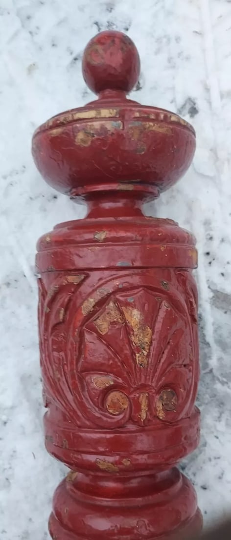 Original Antique Victorian Newel post round carved: Beautiful rare carved piece. Dates to 1880-1910 period. I can cut it down to save on shipping. Measures 60" tall and 6 x 6" . Shipping costs include insurance. BID WITH CONFIDENCE AS ALL ITEMS ARE GUA
