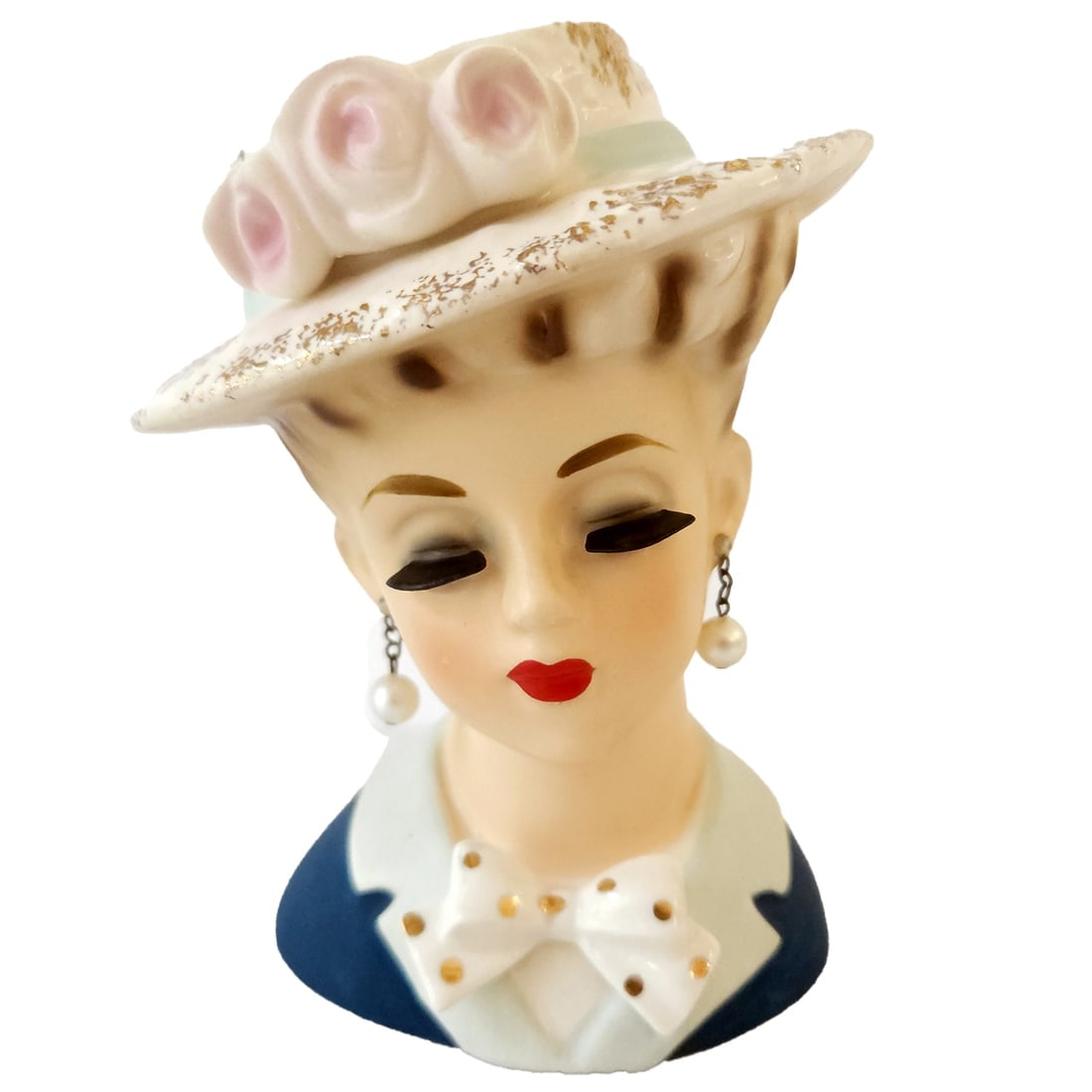 Vintage Ardco Lady Head Vase in Dark Blue with Pearl Earrings, Bow Tie and Hat (1 of 9)