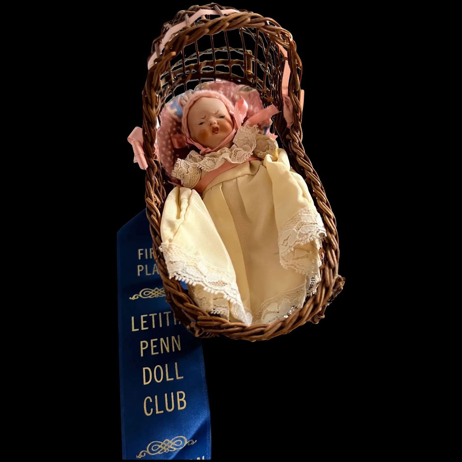 Antique ALL BISQUE multi face 5" doll w/original wicker pram (1 of 14)