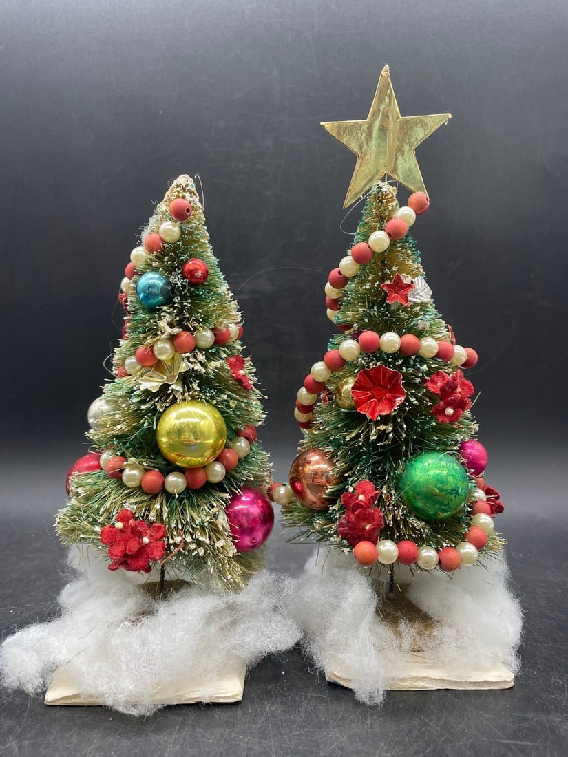 Vintage Pair 8" Bottle Brush Christmas Trees with Mercury Glass Ornaments Decorated Mica (1 of 7)