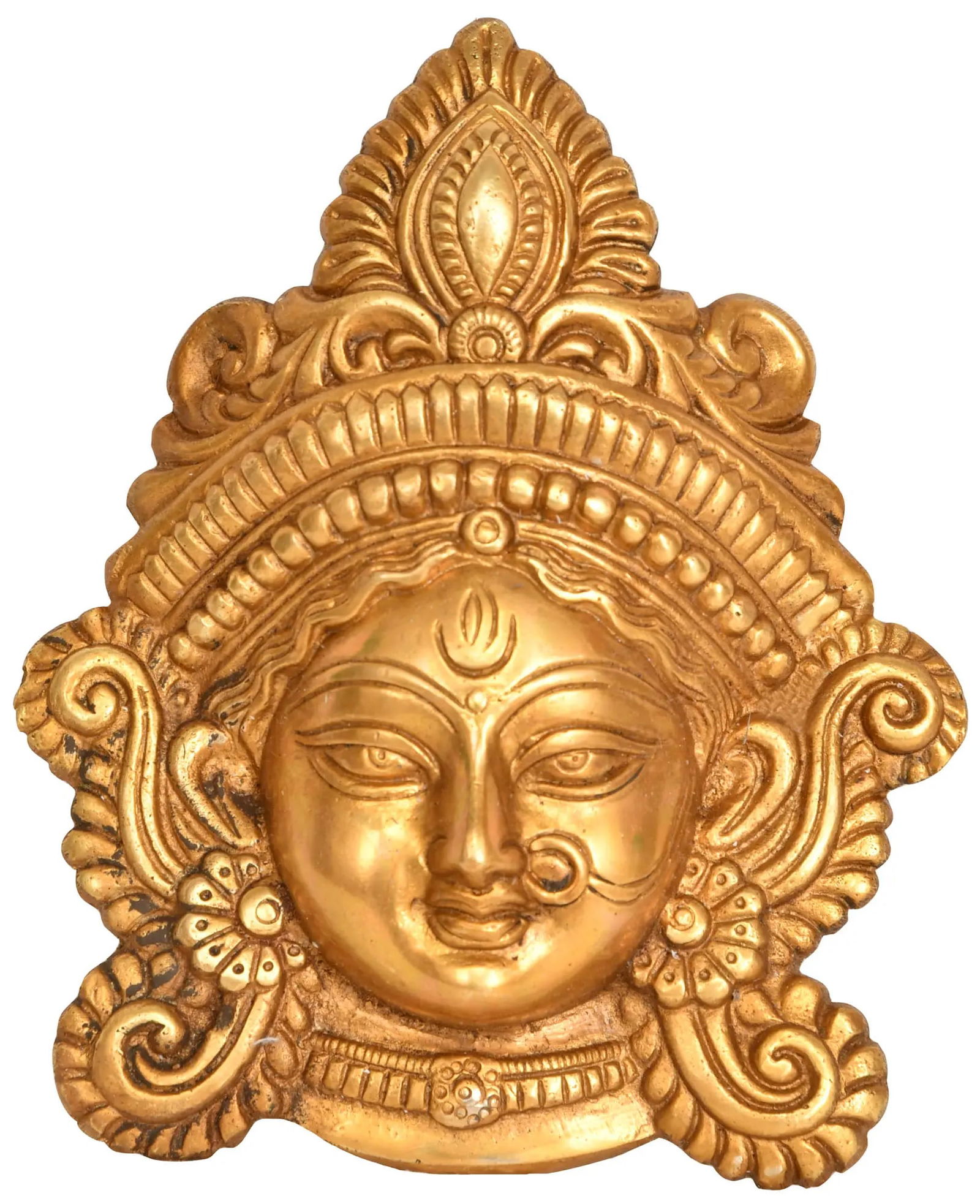 7" Goddess Durga Wearing A Nose ring - Wall Hanging Mask In Brass | Handmade | Made In India: Title: 7" Goddess Durga Wearing A Nose ring - Wall Hanging Mask In Brass | Handmade | Made In India Description: Brass Statue Height: 7.4 inch Width: 6 inch Depth: 1.5 inch Weight: 960 gm Reserve: $86