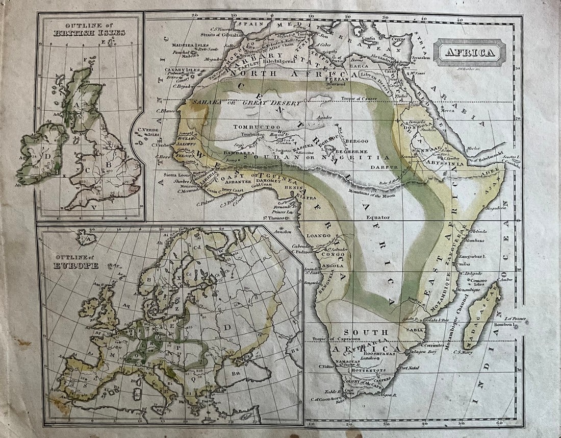 Africa (with Inserts of Europe and British Isles) by J & S Morse, 1823: Title: Africa (with Inserts of Europe and British Isles) by J & S Morse, 1823 Date/Period: c1823 Materials: Hand colored, engraved Size: 9 x 11” This 1823 hand-colored engraved map by J & S Mors
