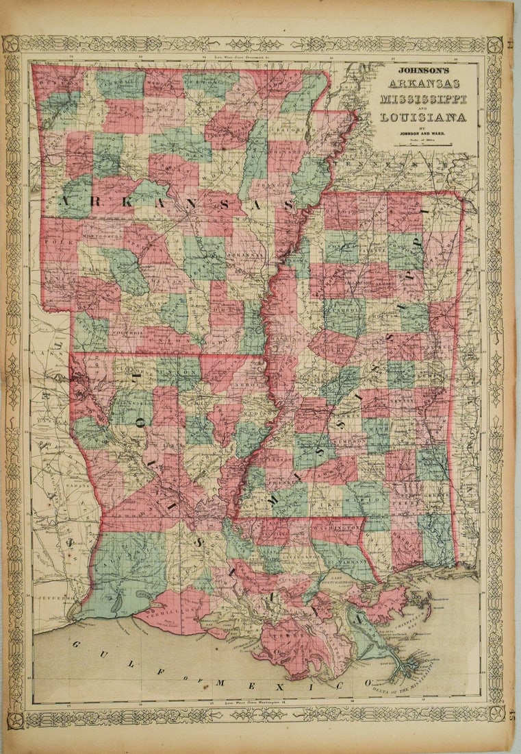 1865 Johnson Map of Arkansas, Mississippi and Louisiana -- Johnson's Arkansas, Mississippi and: Title: 1865 Johnson Map of Arkansas, Mississippi and Louisiana -- Johnson's Arkansas, Mississippi and Louisiana Cartographer: Johnson & Ward Year / Place: 1865, New York Map Dimension (in.): 17.4 X 24