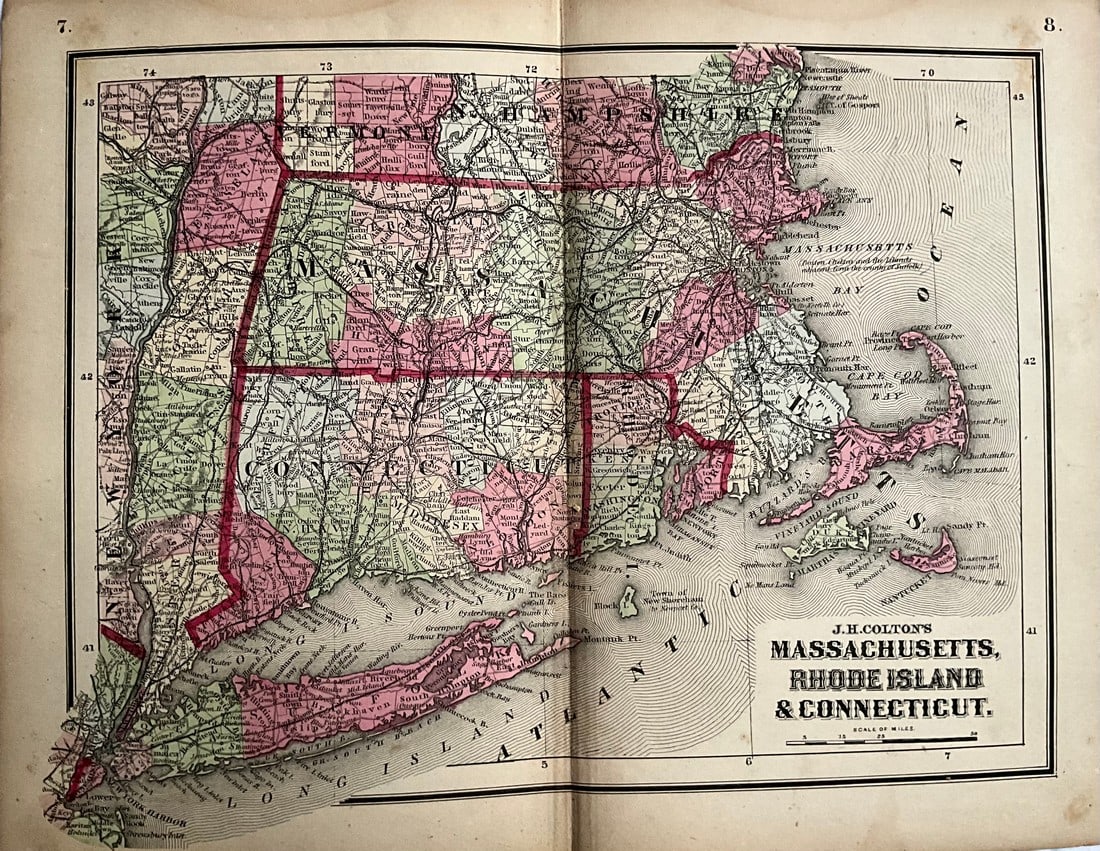 1865. Massachusetts, Connecticut and Rhode Island by Colton: Title: 1865. Massachusetts, Connecticut and Rhode Island by Colton Date/Period: 1865 Materials: Hand colored steel engraved Size: 12 x 9” This detailed 1865 map, created by J. H. Colton, offers