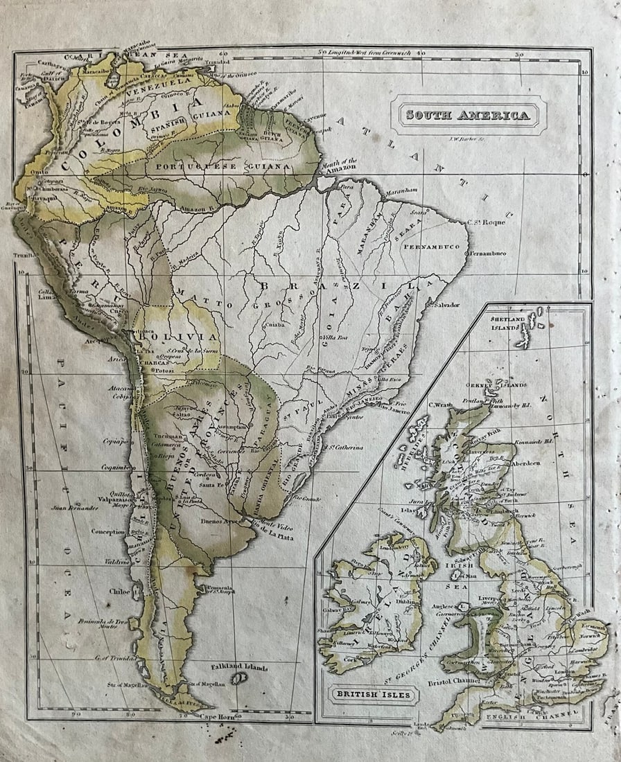 South America (with Insert of the British Isles) by J & S Morse, 1823: Title: South America (with Insert of the British Isles) by J & S Morse, 1823 Date/Period: c1823 Materials: Hand colored, engraved Size: 9 x 11” This 1823 hand-colored engraved map by J & S Morse