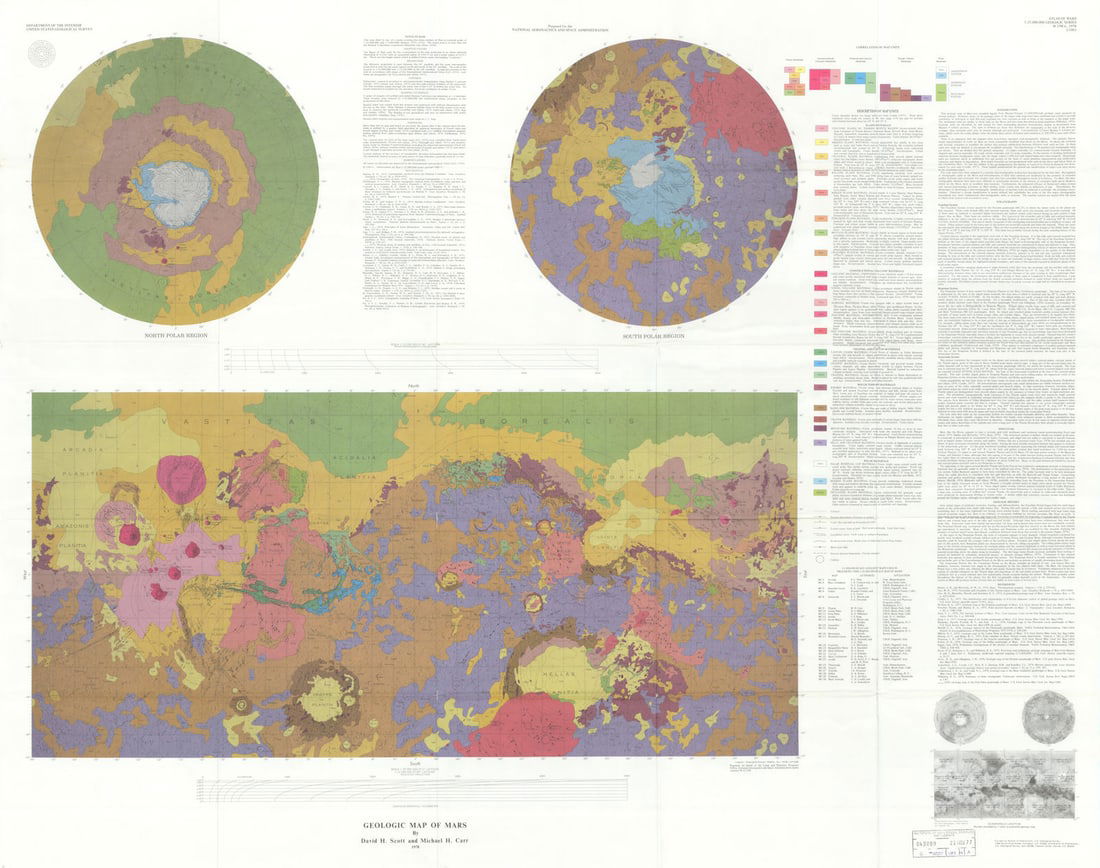 Geologic Map of Mars by David Scott, Michael Carr/US Geological Survey/NASA 1978: CAPTION PRINTED BELOW PICTURE: 'Geologic Map of Mars' DATE PRINTED: 1978 IMAGE SIZE: Approx 96.0 x 122.0cm, 37.75 x 48 inches (Large); Please note that this is a folding map. TYPE: Vintage geological