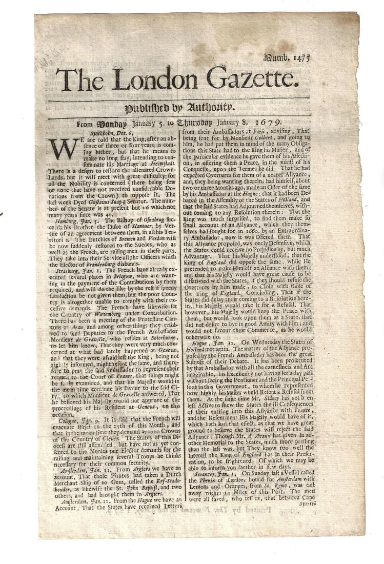 1679 London Gazette Pirates Lottery: The January 5-8, 1679 issue of The London Gazette, printed by Thomas Newcomb, two pages complete. Interesting issue with brief on pirates taking a Dutch ship at Angiers, also of a shipwreck of the ves