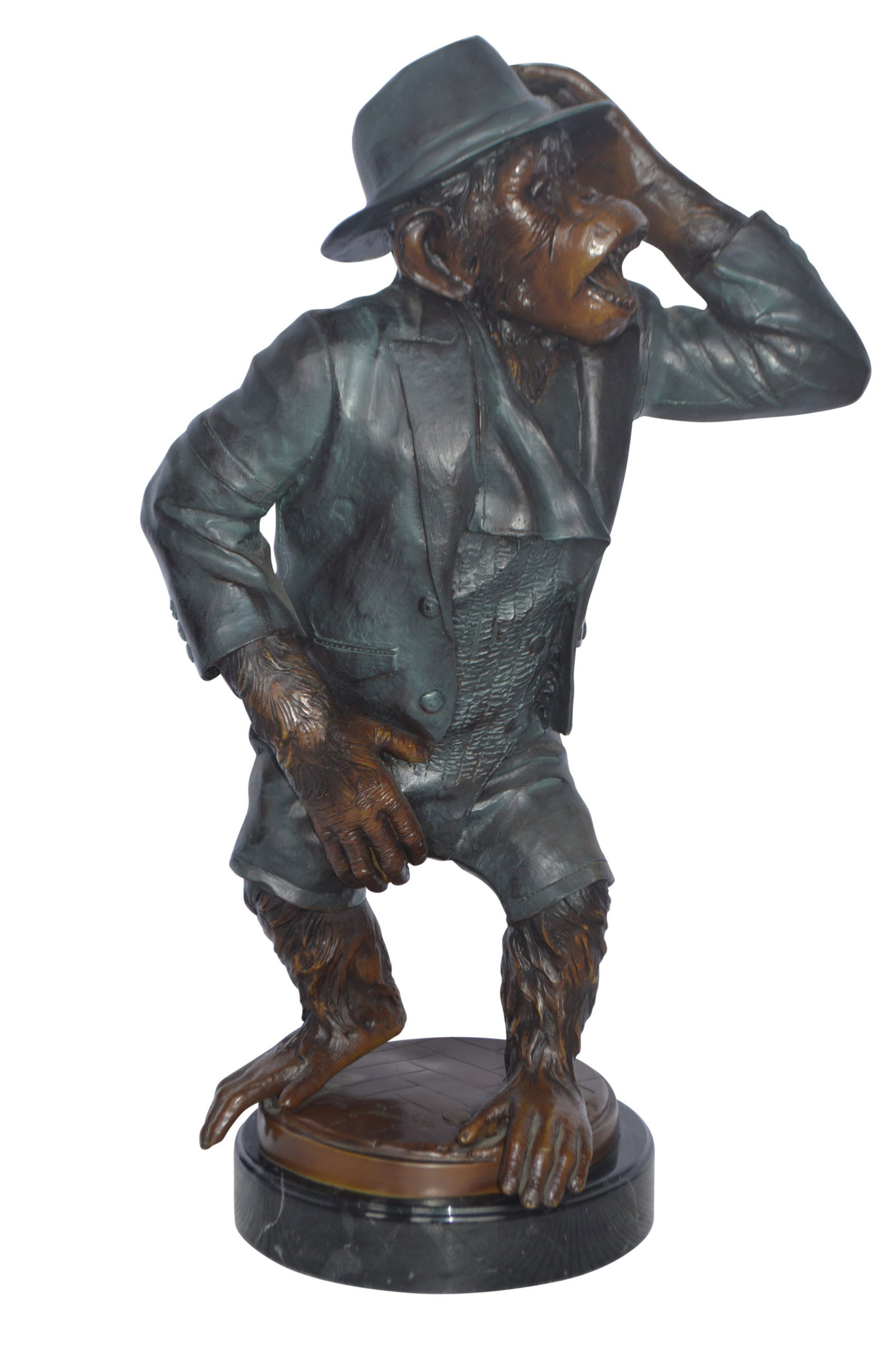 Monkey in Suit bronze statue - Size: 16"L x 10"W x 27"H.: Title: Monkey in Suit bronze statue - Size: 16"L x 10"W x 27"H. Description: This humorous bronze statue is of a monkey wearing a fitted suit. Holding his cap atop his head, this work of art is sure t