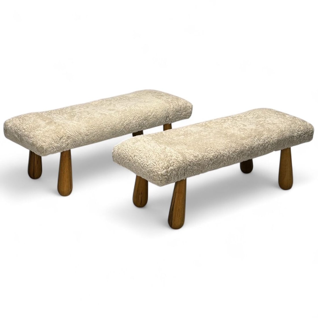 Contemporary, Danish Mid-Century Modern Style, Benches, Beige Shearling, Maple: Contemporary, Danish Mid-Century Modern Style, Sheepskin Benches, Chaise, or Ottomans, Beige Shearling, Maple This pair of Danish modern style long ottomans or benches exemplifies unique craftsmanship
