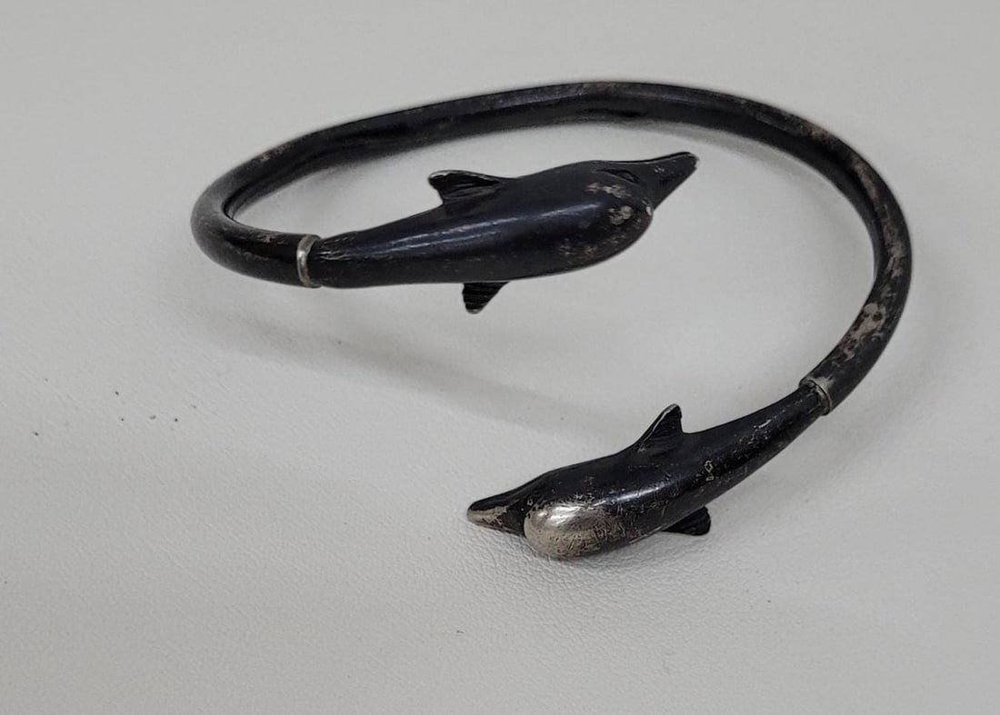 Vintage Sterling Silver Dolphin Split Flex Bangle 926 Mid Century (1 of 3)