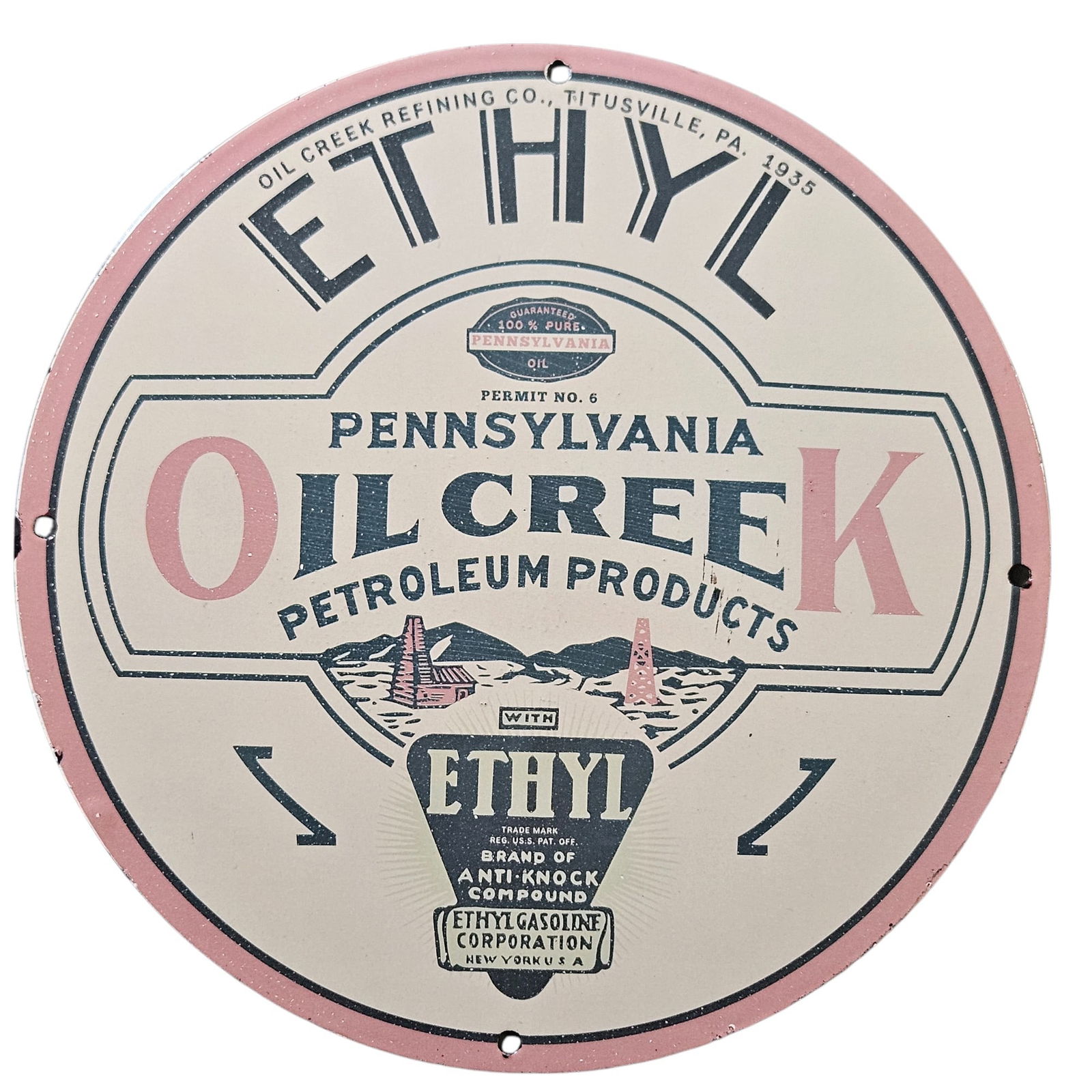 Rare 1935 Oil Creek Refining Co. Porcelain Sign - Antique ETHYL Petroleum Advertising (1 of 2)