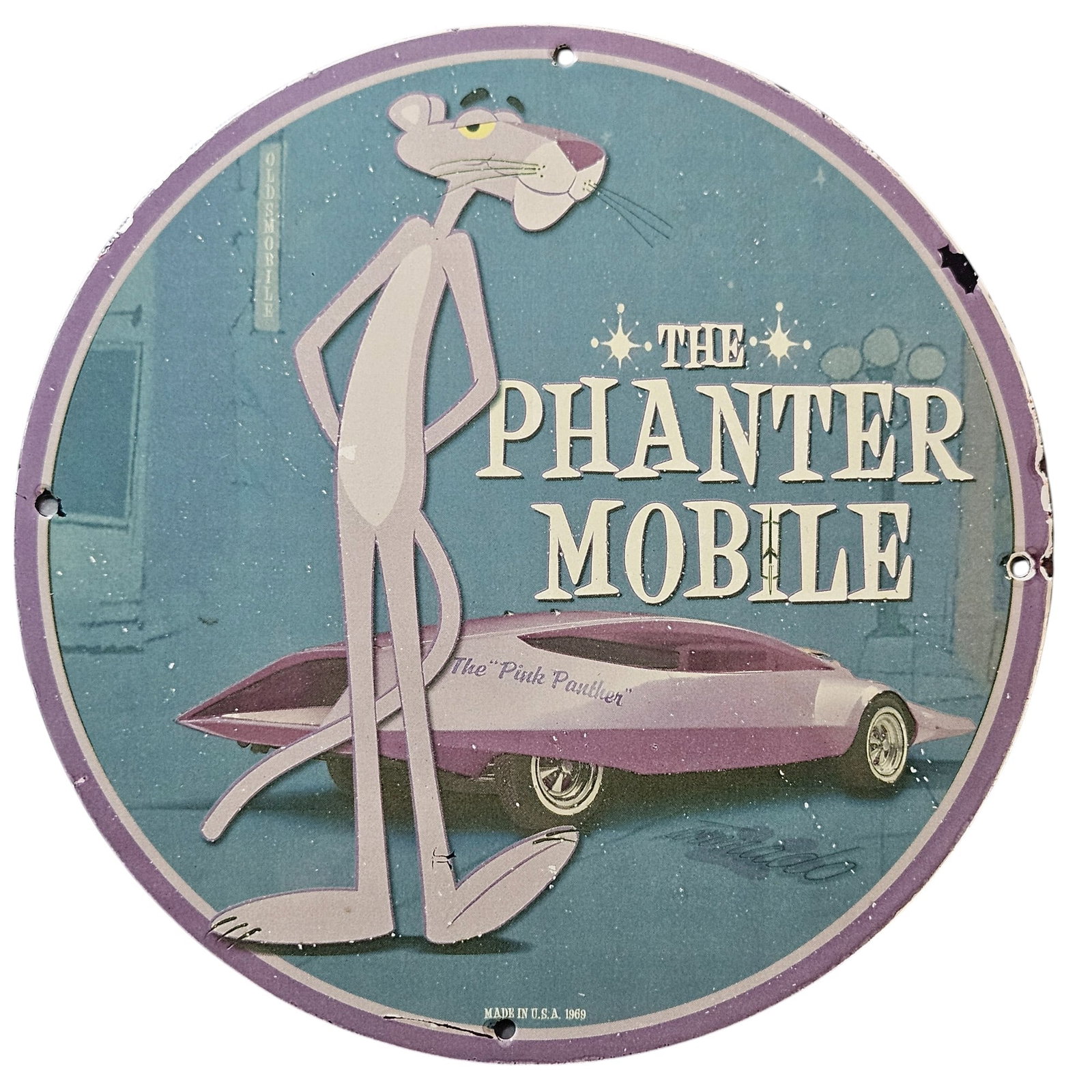Vintage 1969 Porcelain Sign: The Phanter Mobile Featuring the Iconic Pink Panther: Discover a rare piece of nostalgia with this vintage porcelain sign from 1969, showcasing 'The Phanter Mobile' alongside the beloved character, the Pink Panther. Crafted with attention to detail, this
