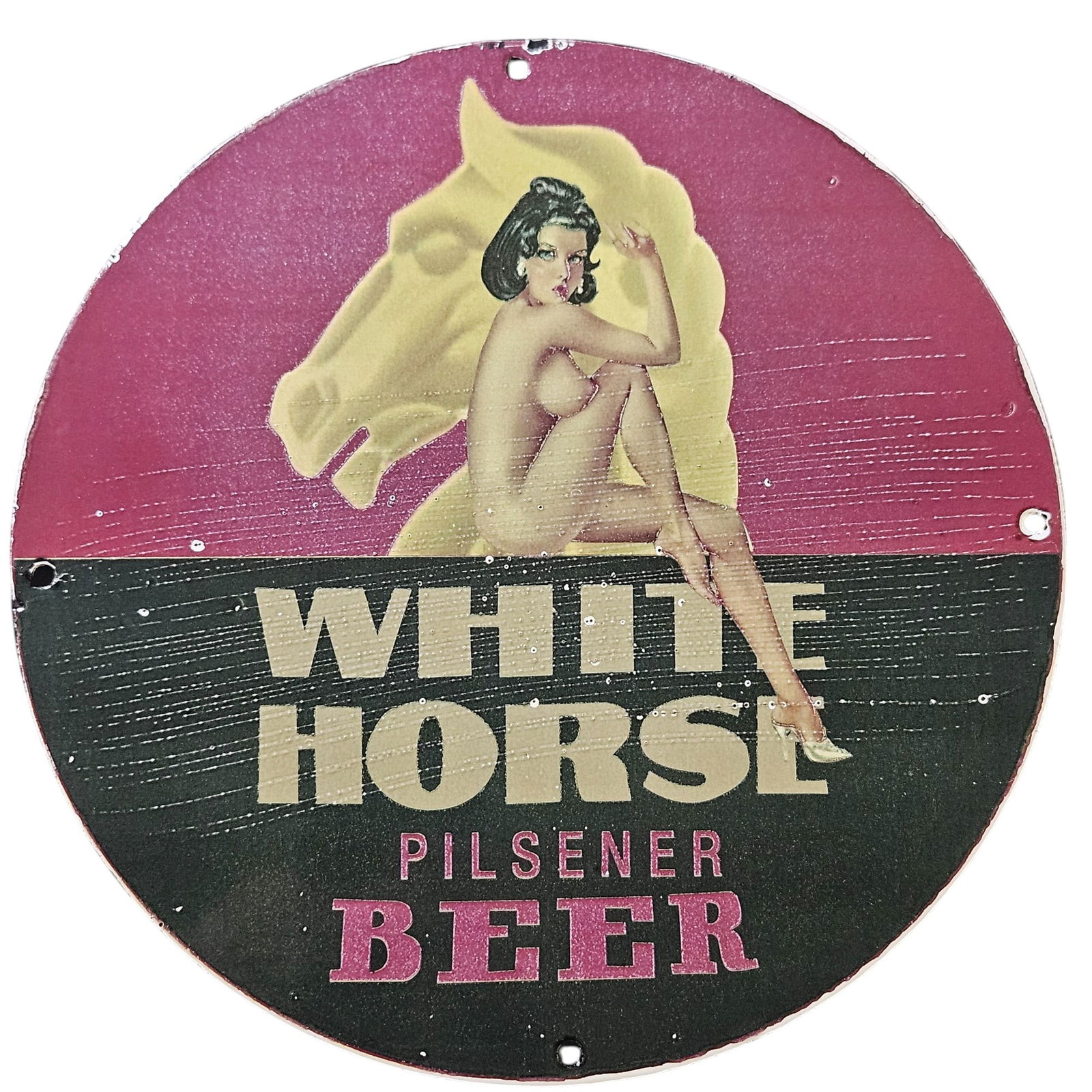 Vintage White Horse Pilsener Beer Porcelain Sign with Iconic Pin-Up Art (1 of 2)
