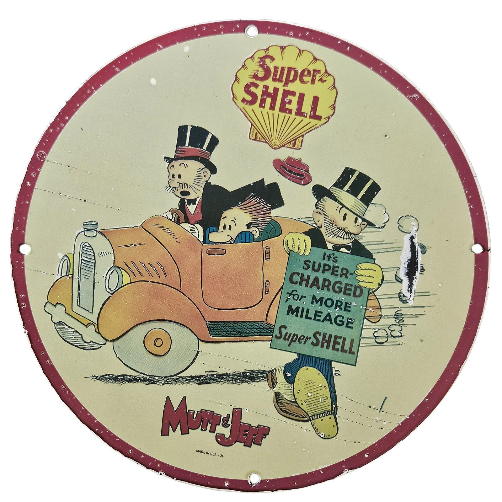 Vintage Porcelain Super Shell Sign Featuring Mutt and Jeff - Collectible Gas Advertising (1 of 2)
