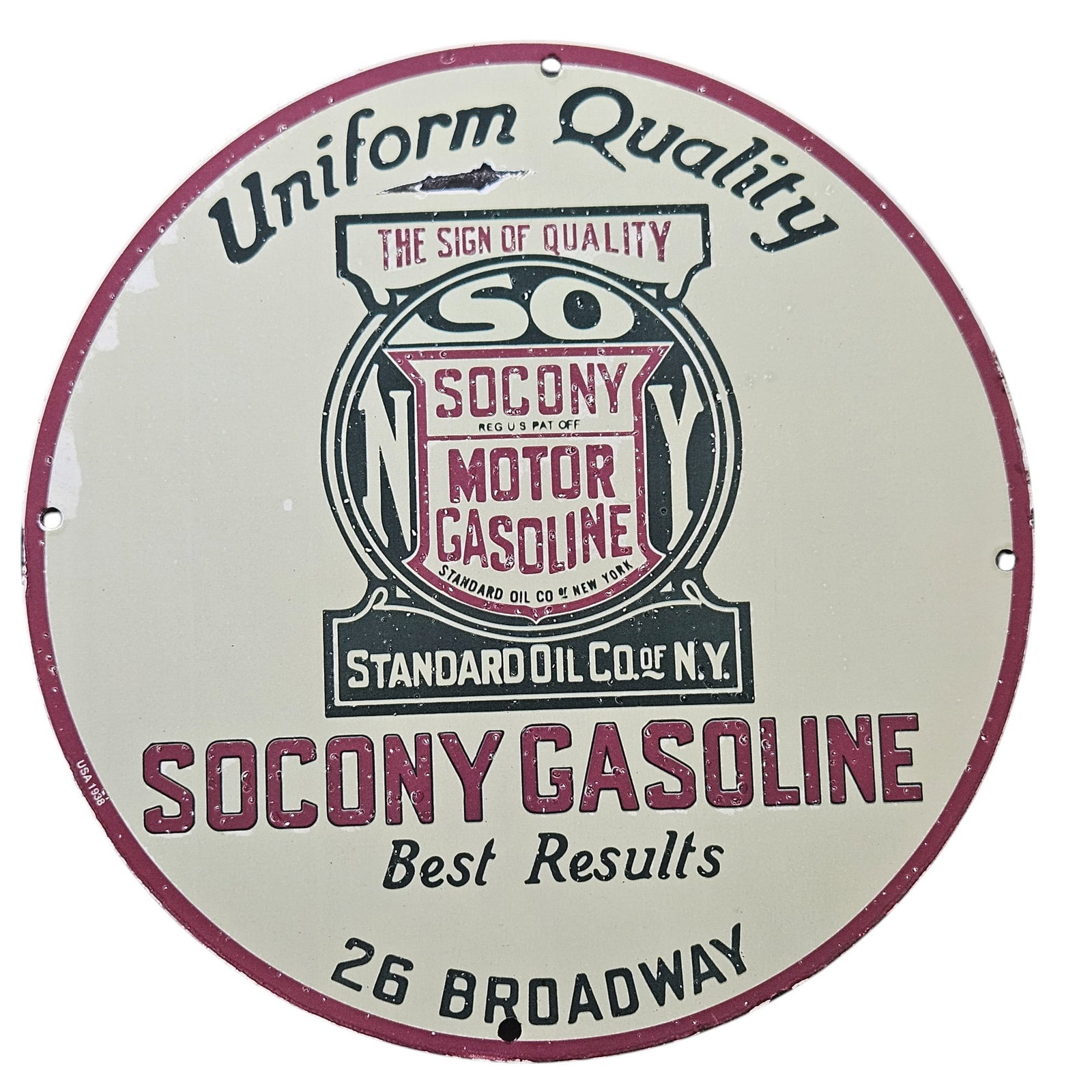 Vintage Socony Gasoline Porcelain Sign - Collectible Memorabilia from Standard Oil NY: Discover a remarkable piece of automotive history with this vintage Socony Gasoline porcelain sign. Part of the Standard Oil Company of New York, this sign exemplifies the quality and innovation assoc