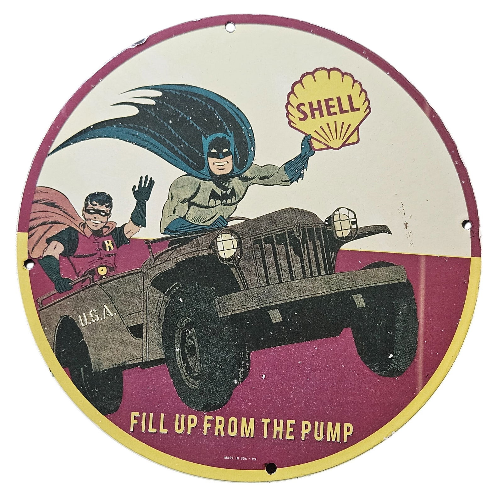 Vintage Batman and Robin Porcelain Shell Sign - Fill Up from the Pump (1 of 2)