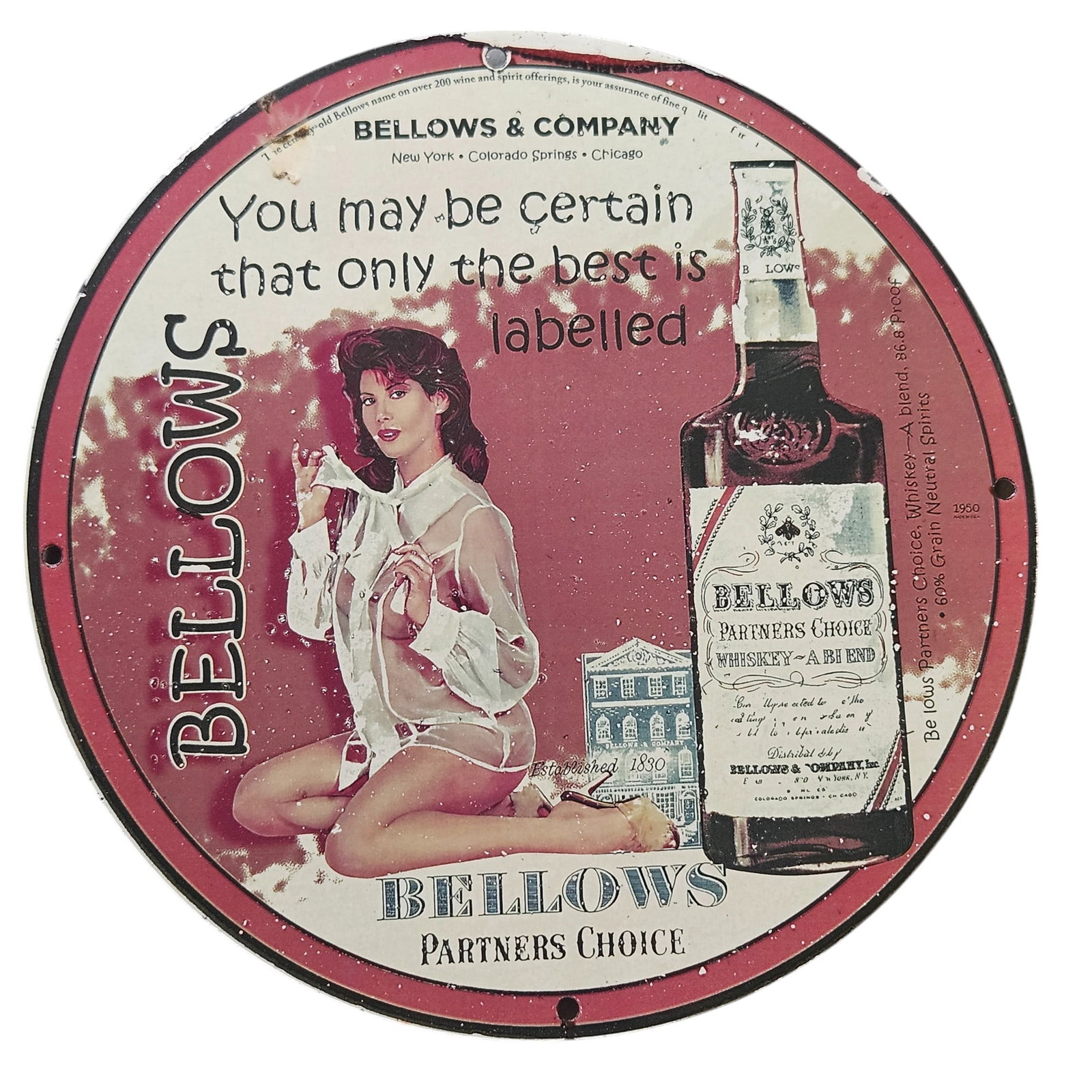 Vintage Bellows Partners Choice Porcelain Sign - Unique Collectible with Iconic Artwork: Discover a piece of history with this stunning Bellows Partners Choice porcelain sign, an iconic collectible that captures the essence of vintage advertising. This round sign, measuring approximately