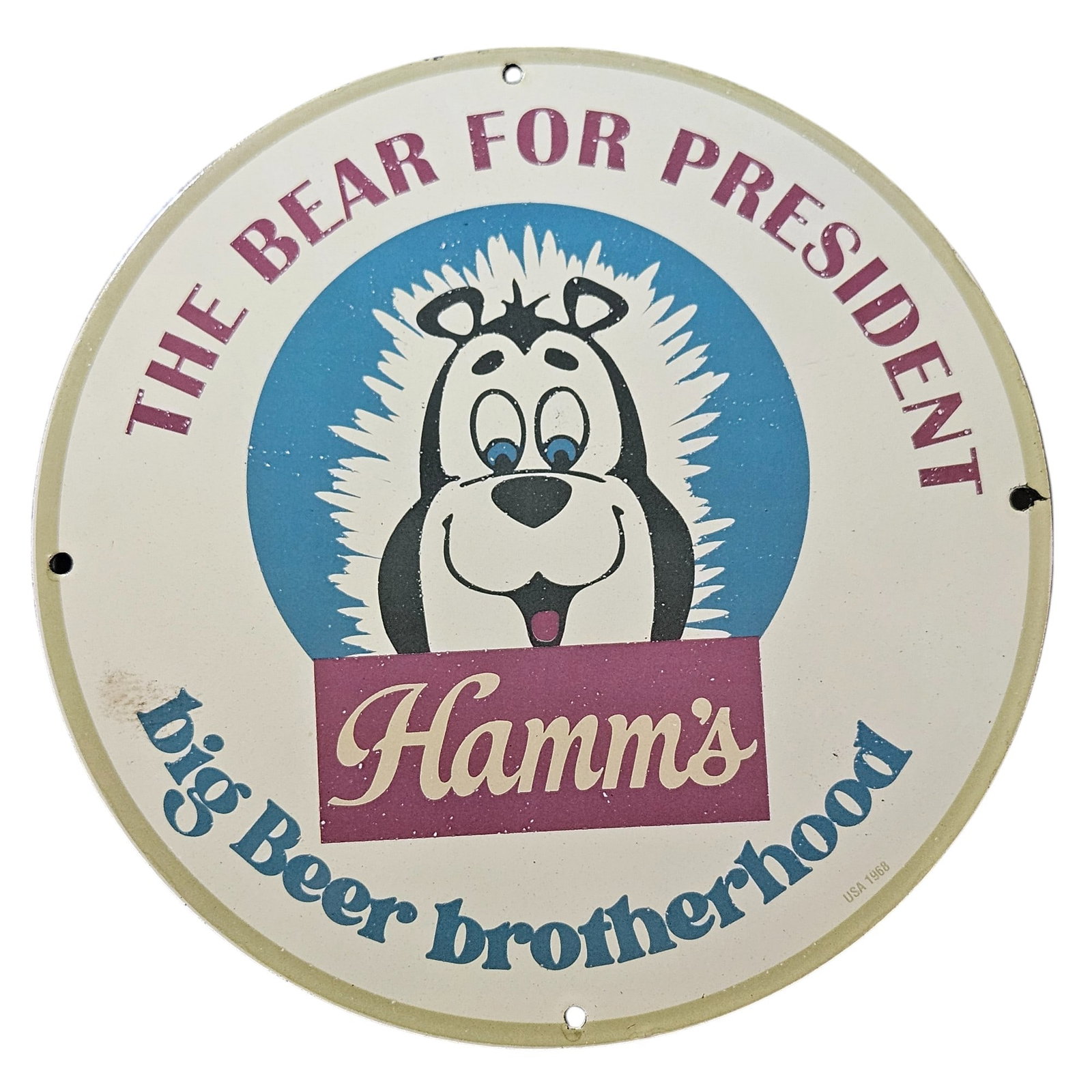 Vintage Hamm's Beer Porcelain Sign: The Bear for President - Rare Collectible: Discover a piece of brewing history with this stunning vintage Hamm's Beer porcelain sign entitled "The Bear for President." Perfect for collectors and enthusiasts of retro decor, this sign not only c