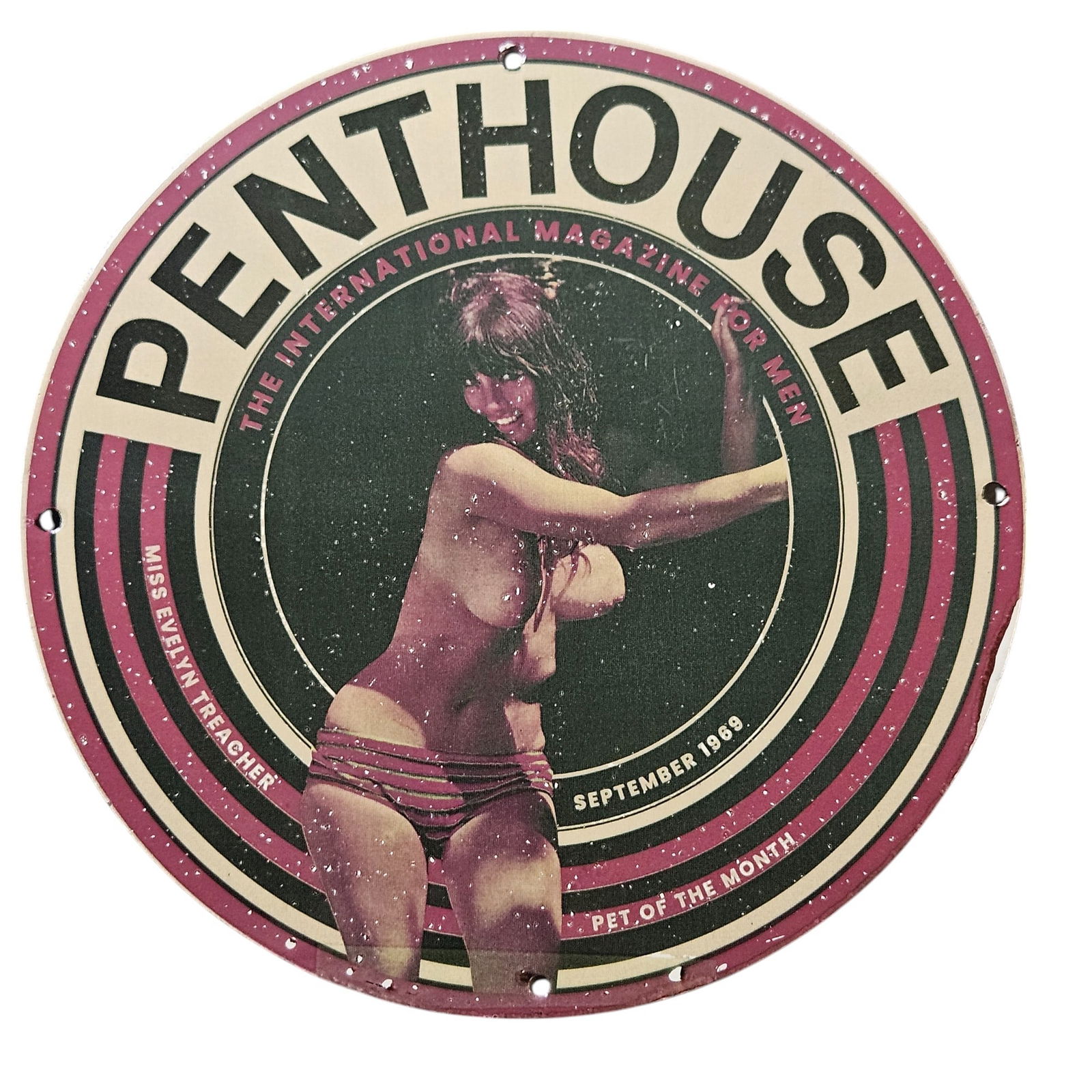 Vintage Penthouse Magazine Porcelain Sign - Miss Evelyn Treacher, September 1968 Edition (1 of 2)