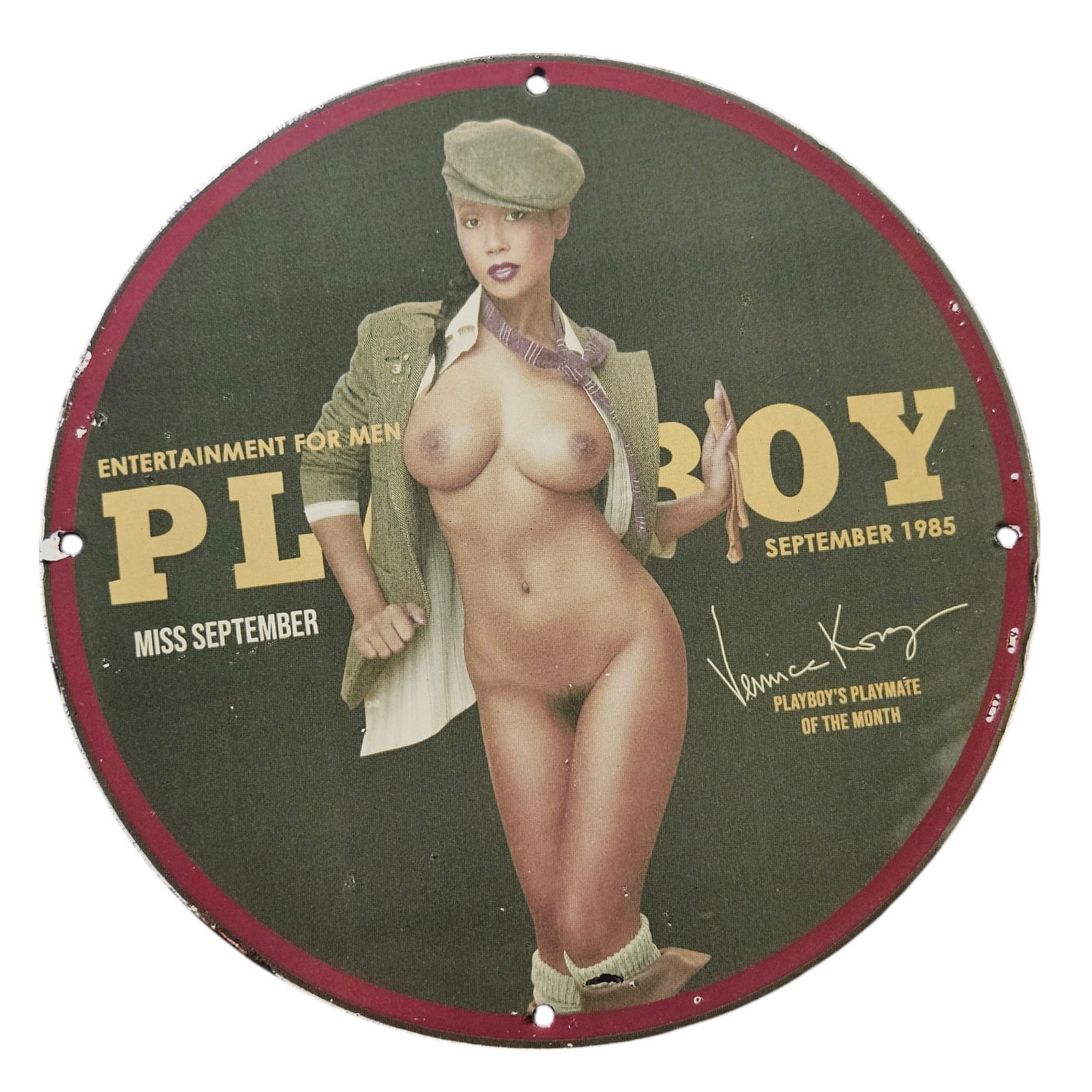 Vintage Playboy Porcelain Sign - Miss September 1985 - Collectible Entertainment Memorabilia: This exceptional porcelain sign features the iconic Playboy branding and highlights the stunning Miss September of 1985, a classic representation of Playboy's influential aesthetics during the 1980s.