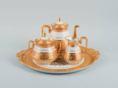 Le Tallec, France. Tea service on a large tray consisting of coffee pot, sugar bowl and creamer on a (1 of 9)