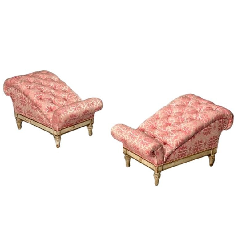 Louis XVI, Gustavian Style Tufted Ottomans, Footstools, Distressed Paint, 1950s (1 of 5)