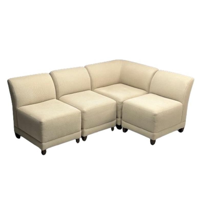 Todd Hase, Jean-Michel Frank Style, Modern Modular Sofa, Beige Fabric, 2010s: Todd Hase, Jean-Michel Frank Style, Modern Modular Sofa or Banquet, Beige Fabric, 2010s Custom upholstered modular sofa having three slipper chair elements and one corner element. The 'Chester' slippe