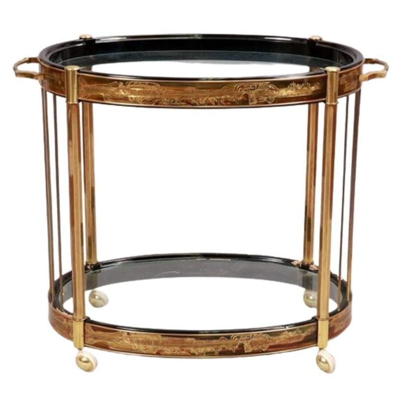 Mastercraft, Mid-Century Modern, Rolling Bar Cart, Etched Brass, Lacquer, 1960s: Mastercraft, Mid-Century Modern, Rolling Bar Cart, Etched Brass, Lacquer, 1960s Mid-Century Modern master-craft brass acid etched bar-carts or serving wagons. Stunning bar cart or server having two ov