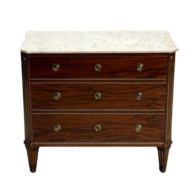 Gustavian, Louis XVI Style, Swedish Chest, Walnut, Brass, Marble, Sweden, 1960s: Gustavian, Louis XVI Style, Swedish Chest, Walnut, Brass, Marble, Sweden, 1960s Gustavian chest designed and produced in Sweden in the later half of the 20th century. This example having a modern whit