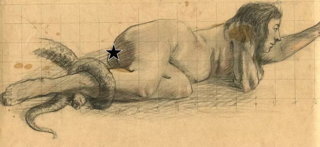 Antique Old Pencil Drawing Original Woman Laying down with Snake: Description Pencil on paper 23 x 34.5 cm stains, folds All our artworks are packaged to a very high standard, using protective cellophane wallets, hardboard backing, and bubble wrap. Framed pictures a