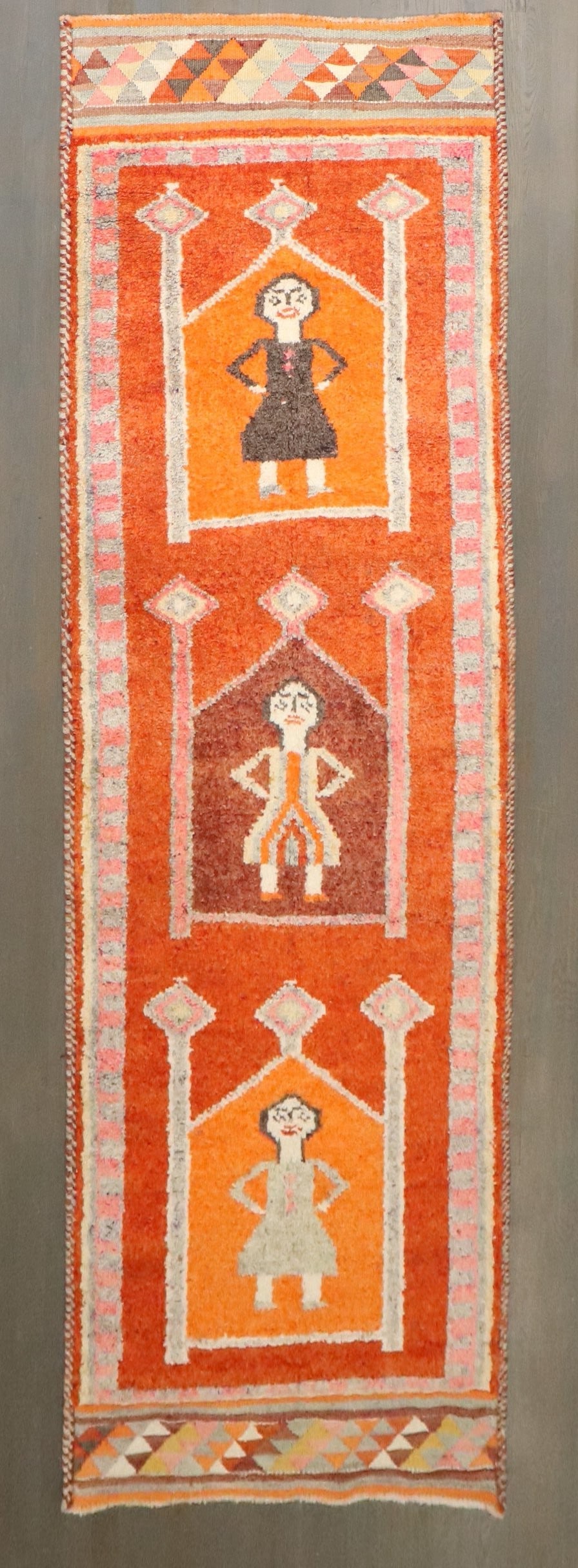 Pictorial Women Anatolian Runnerrug no. j4198: Description a mid 20th Century Colorful Anatolian runner with 3 women standing with their hands on their waists Details rug no. j4198 size 3' 2" x 10' 2" (97 x 310 cm) rug type Anatolian,Pictori