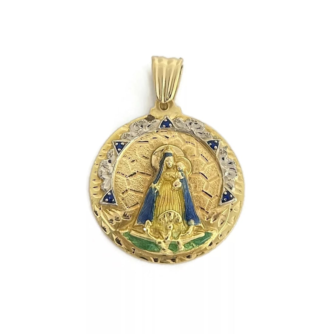 Vintage Our Lady of Charity Religious Enamel Pendant 18K Yellow Gold, 3.54 Grams: Vintage Our Lady of Charity Religious Enamel Pendant 18K Yellow Gold, 3.54 Grams This is a classic religious pendant that can be worn on the necklace chain of your choice. Please let us know if you ha