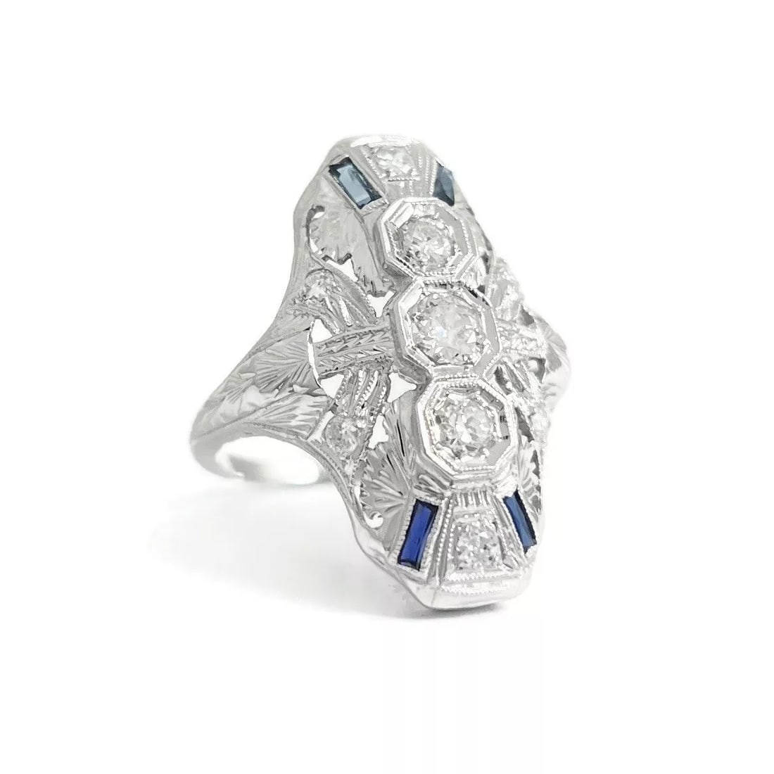 Antique Vintage Art Deco Sapphire Diamond Long Statement Ring .65 CTW, 3.99 Gr (1 of 9)