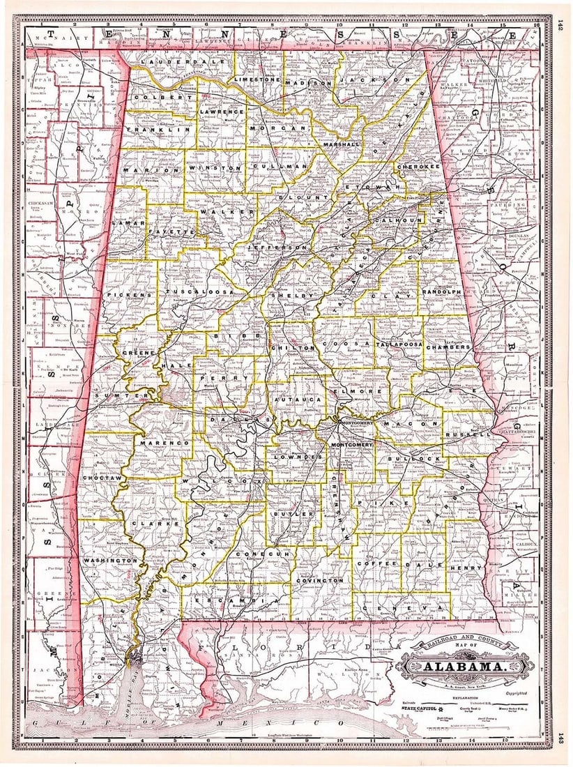 Railroad and County Map of Alabama.: Publication Date: 1887 Title: Railroad and County Map of Alabama. Cartographer: CRAM, GEORGE F. Publisher: A.A. Grant Height: 22.25 Width: 16.25 Detailed state map with railroads marked "SOU." Ornamen