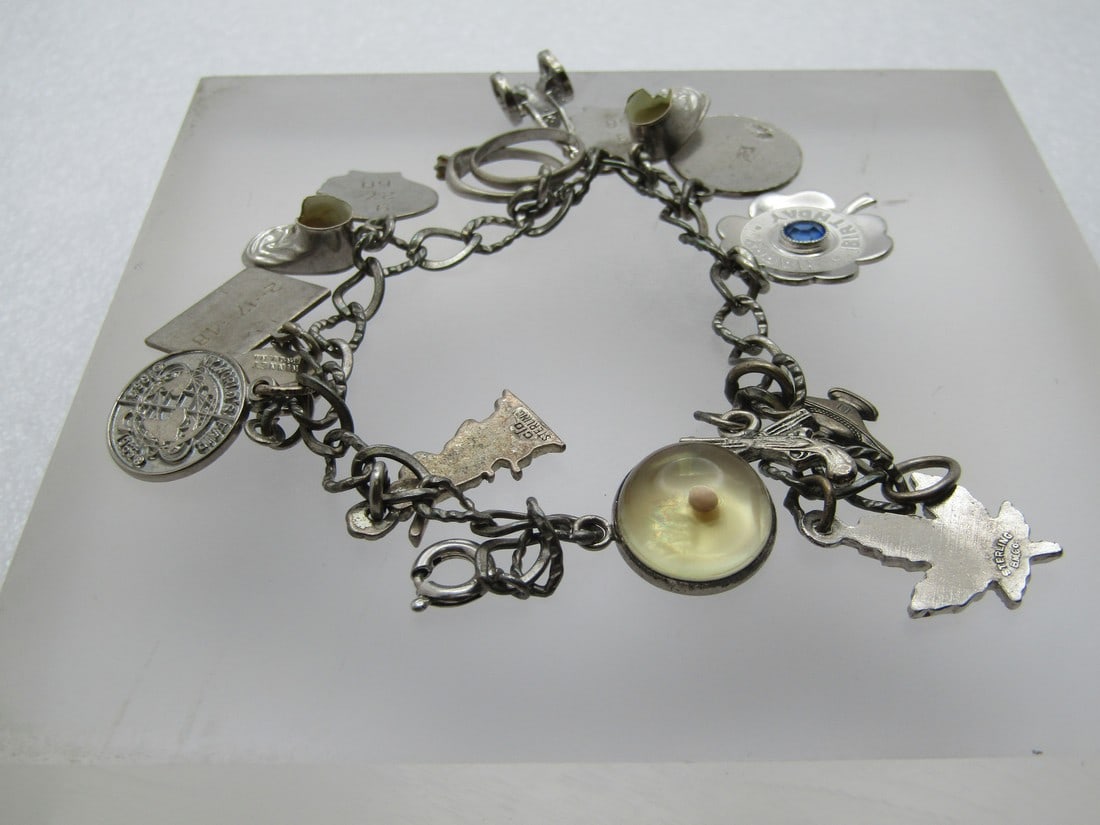 Vintage Sterling Charm Bracelet , 7.25,  1950's-1960's,  16 Charms, Signed (1 of 8)