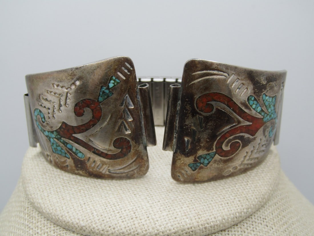 Vintage Sterling Southwestern Inlaid Watch Tips & Band, Men's, Turquoise & Coral Chips,: Vintage Sterling Southwestern Inlaid Watch Tips & Band, Men's, Turquoise & Coral Chips, 1960's-1970's. Signed DJN (believed to be Delvin Nelson, Navajo) and test at sterling at appx. 30gr without the 